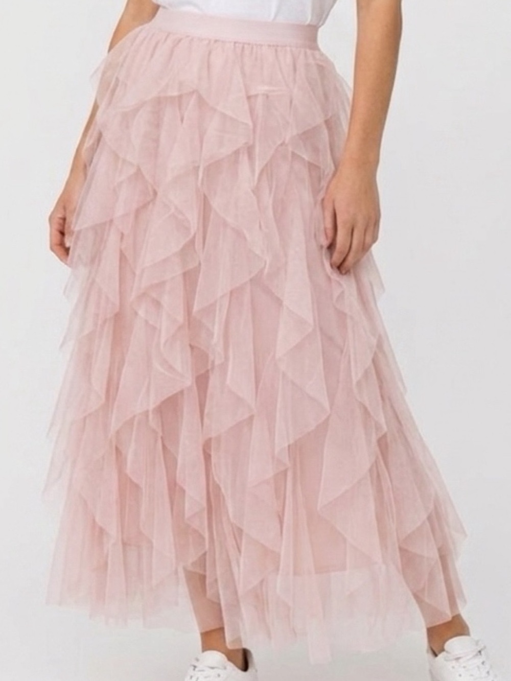 Blush Pink Asymmetrical Ruffle Skirt Boho Stretch Waist NWT